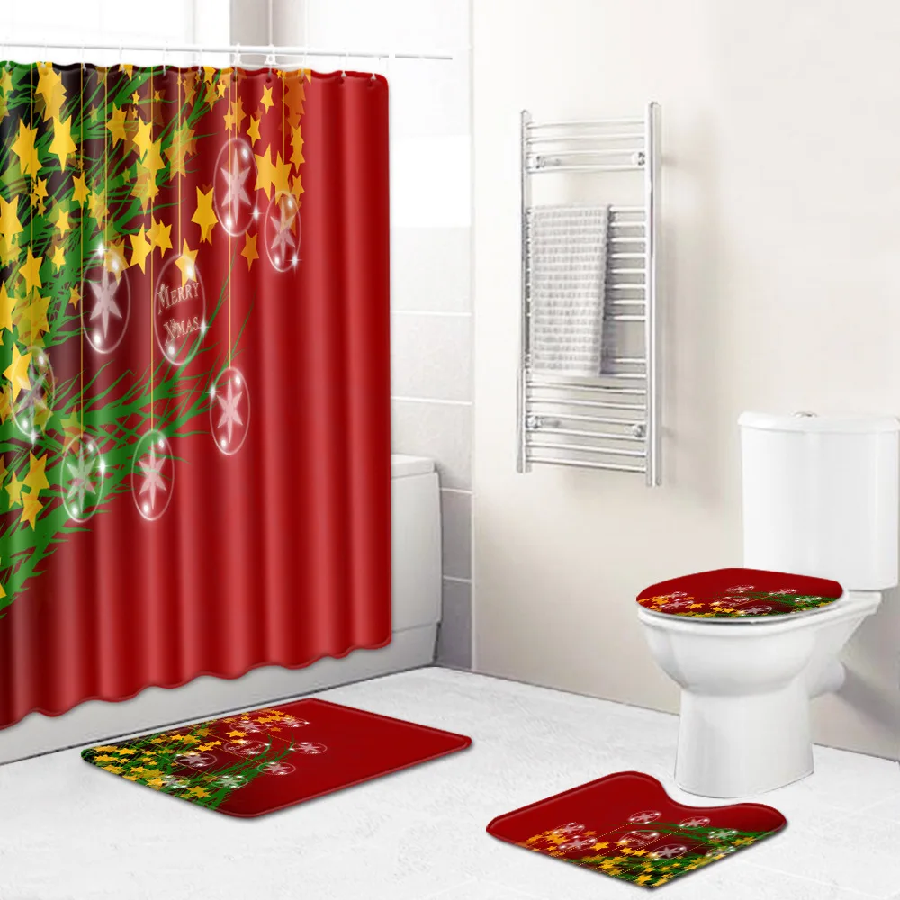 Праздничная Рождественская занавеска для ванной комнаты, 4 предмета, душевая занавеска в комплекте, новогодние вечерние коврики для ванной, Противоскользящий коврик для туалета, набор для домашнего декора