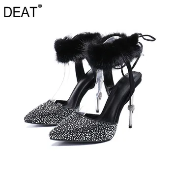 

[DEAT] 2020 New Spring Summer Pointed Toe Shallow Rabbit Fur Crystal Thin High Heels Sandals For Women Shoes Fashion Tide 10H028