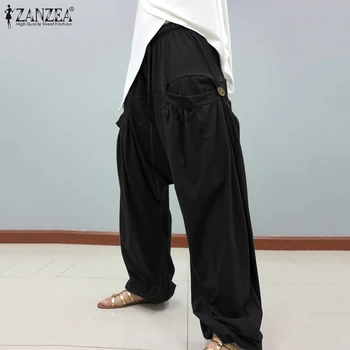 

ZANZEA 2020 Spring Women Wide Leg Pants Casual Loose Elastic Waist Long Pants Leisure Drop Crotch Trousers Streetwear Oversize 7