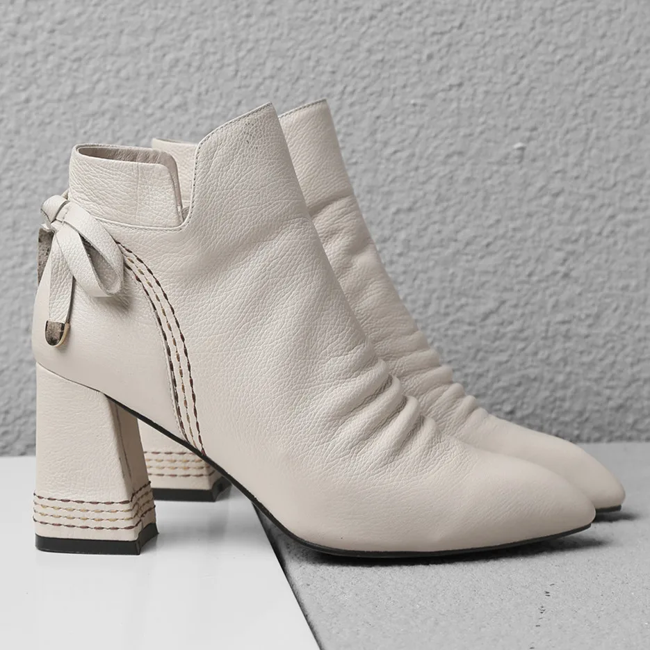 

Women's women's genuine leather thick high heel pointed toe autumn warm plush ankle boots bowtie female soft comfort short shoes