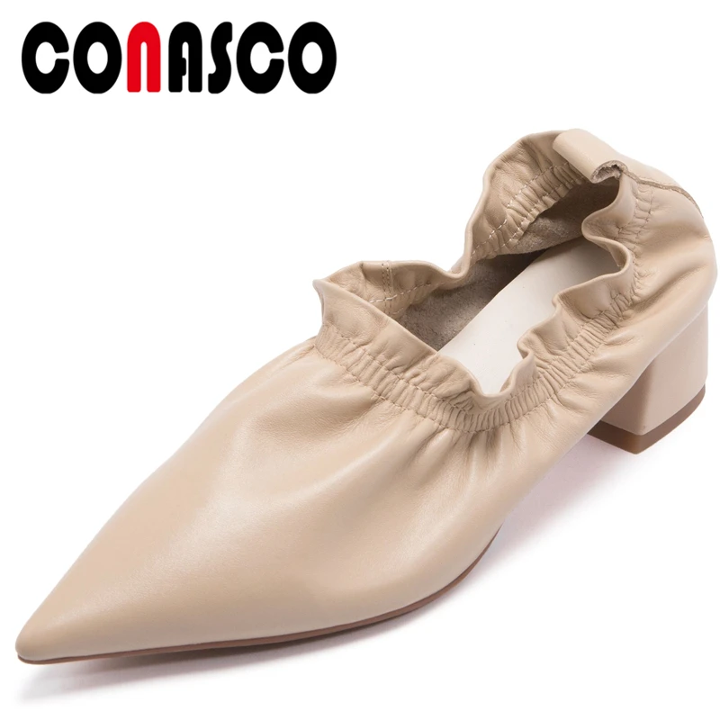 

CONASCO Cow Leather Shoes Women Shoes Ruffles Middle Heel Pointed Toe Spring New Arrival Concise Casual Sweet Shoes Woman