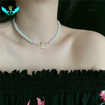 

Luxury Vintage Classic Saturn Pearl Necklace Female Freshwater Pearl Clavicle Chain Short Necklace Bracelet TOA
