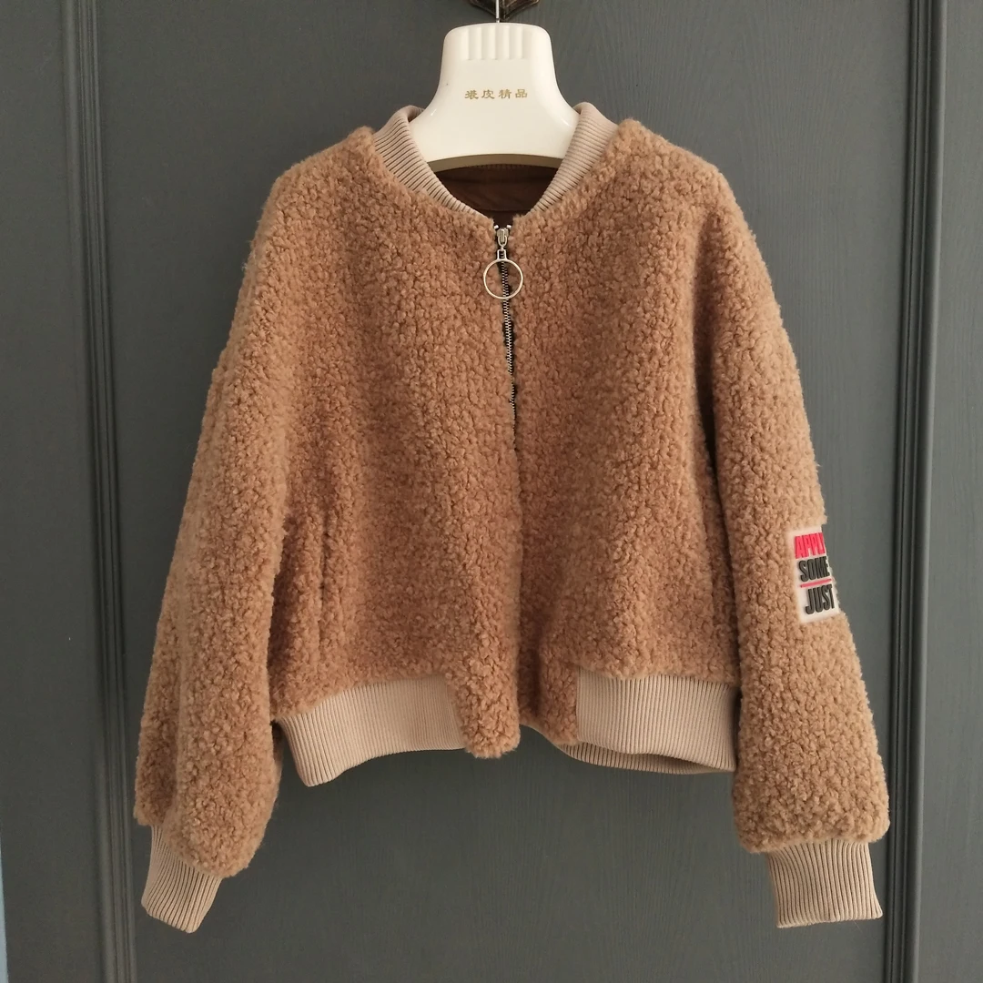 

100% natural real sheep fur coat o-neck clothing long sleeve parka real fur letter pattern lamb fur casual leather jacket