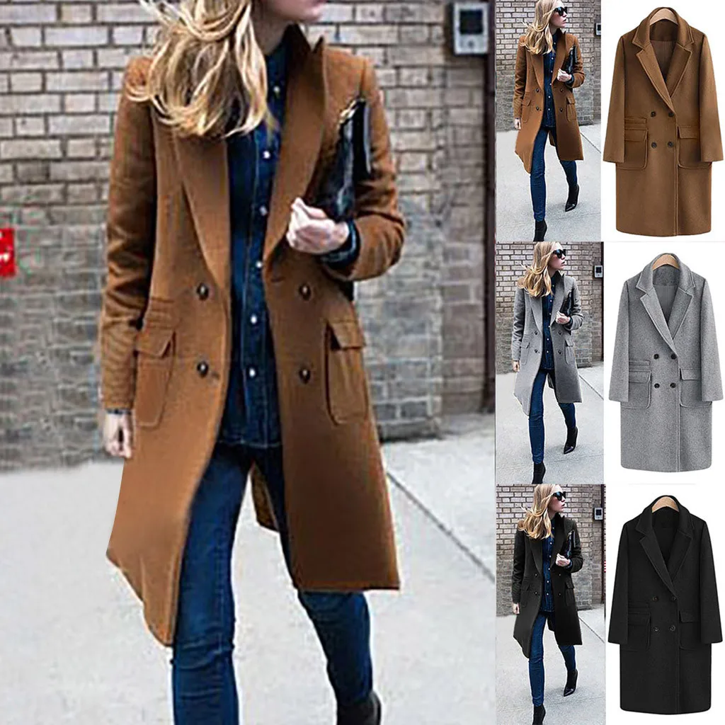 

Womens Autumn Winter Double Beasted Lapel Long Sleeve Coat Trench Jacket Big Pocket Overcoat Plus Size Outwear