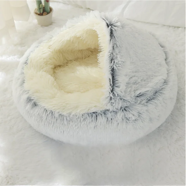 Winter Cat Bed Long Plush Pet Cat Cushion Warm Sleep Bag Bed Round Half-Pack Cat Basket Lounger Nest For Small Medium Large Dog Gray Long Plush