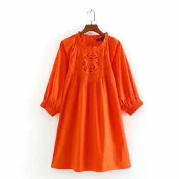 

2020 Spring Summer New Hollow Embroided orange cotton zaraing women Dress sheining vadiming female vintage plus size Cdc9659