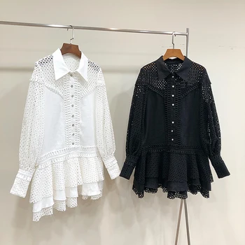 

Top Quality Luxury Linen Dress 2019 Autumn New Hollow Out Lantern Sleeve Layers Ruffles Fashion Blogger Wear Mini Loose Dresses