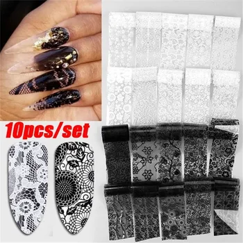 

10Pcs/Set Nails Foil Stickers Black White Lace Flowers Design Manicure Starry Sky Nail Art Transfer Paper Nails Art Decals Tools