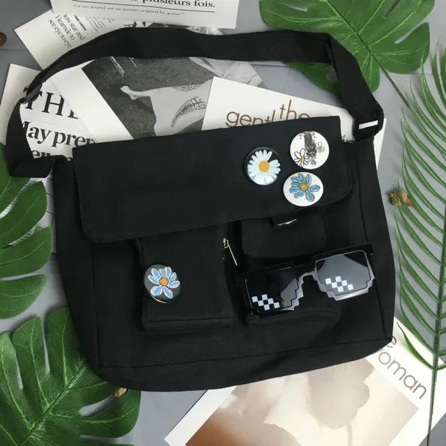 Canvas Diagonal Cross Bag Youth Fashion Casual Version Ladies Large Capacity Shoulder Bag Solid Color  Women Messenger Bags Daisy pin Sunglasses
