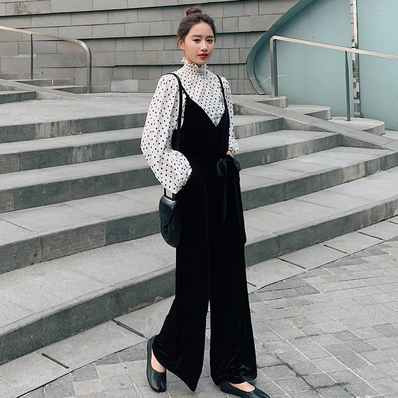 

2019 Spring Clothing New Style Online Celebrity Set Camisole Onesie Women's Loose-Fit Casual Straight-Cut Velvet Loose Pants + S