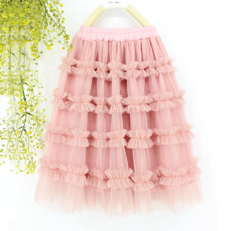 Pink Long Skirt Детская одежда, черная и розовая мягкая шифоновая длинная юбка-американка с оборками, многослойная юбка для маленьких девочек, От 0 до 14 лет - Цвет: Pink Long Skirt