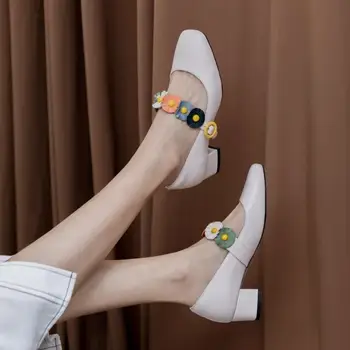 

2019 spring autumn low-top shoes leather shallow mouth daily high heel 5cm fashion women's shoes flowers Mary Jane shoes lady