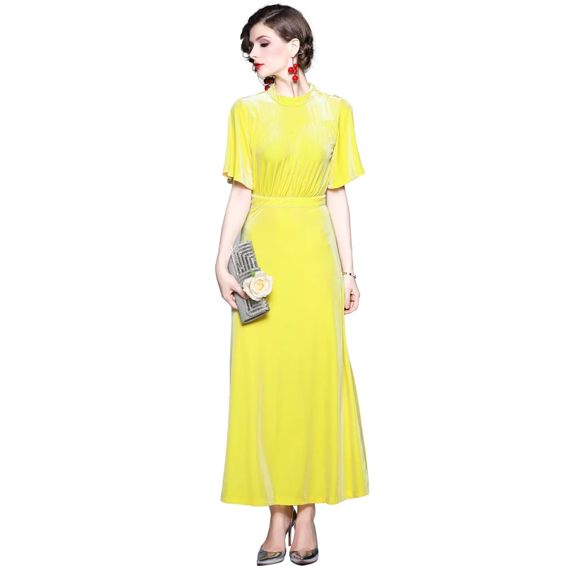yellow velvet maxi dress