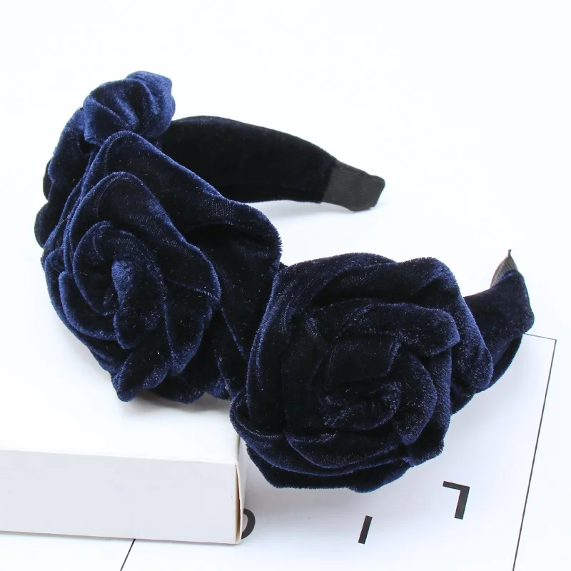 Xugar, бархатная повязка на голову с тремя розами для женщин, одноцветная новинка, повязка на голову, модные элегантные аксессуары для волос, повязка на голову - Цвет: Navy