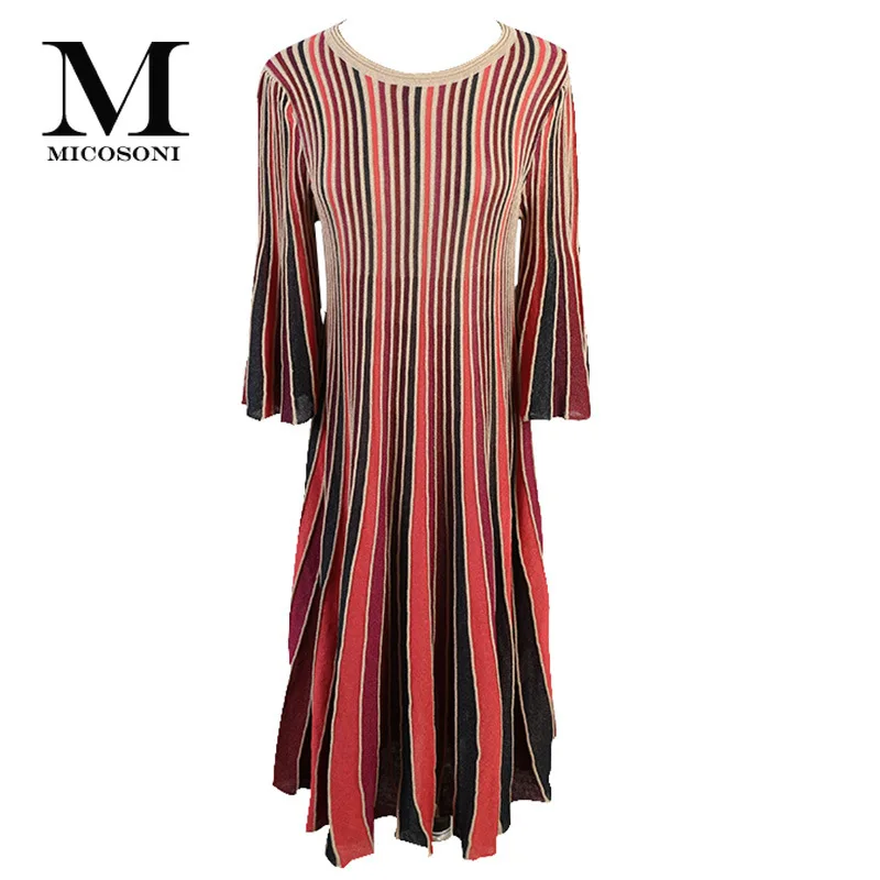 

Micosoni Runway Runway Fashion 2019 Autumn New Women's Contrast Color Stripes Long Loose Red Draped Half A-Line Knitted Dresses