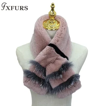 

2020 New Whole SKin Rex Rabbit Fur Scarves Women Winter Warm Fur Shawl Neckwarmer Real Fur Collars Scarf Silver Fox Fur Trims