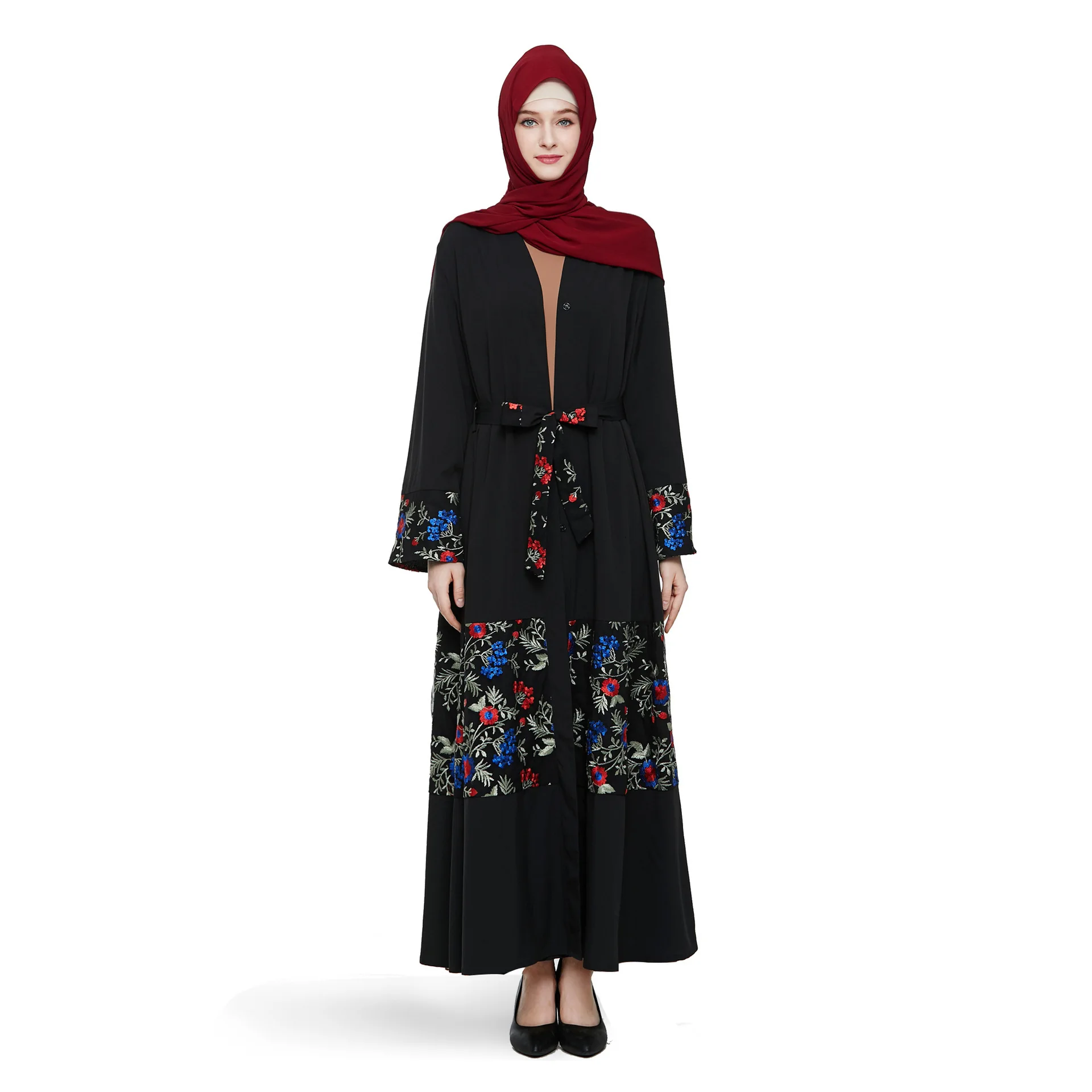 Elegant Muslim Embroidery Abaya Mesh Maxi Dress Cardigan Long Robes Kimono Jubah Ramadan Eid Arabic Dubai Caftan Islamic Prayer - Цвет: black
