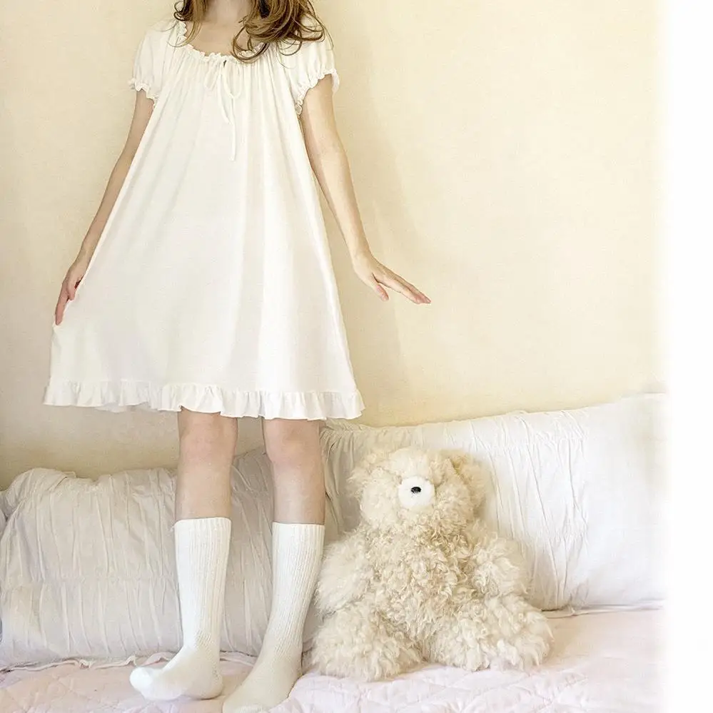 Nightgowns Women Cotton Short Sleeve Sexy Knee-length Solid Kawaii Ruffles Bow Loose Sleepwear Lolita Style Princess Nightdress women lingerie,women nightgowns,women nightdresses,sleeping dress