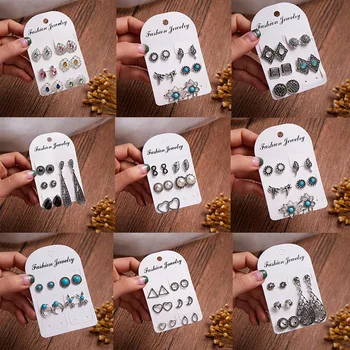 

Europe and America Vintage Geometric Stud Earrings Set for Women Bohemian Style Retro Round Oval Earrings Boucle d'oreille Gifts