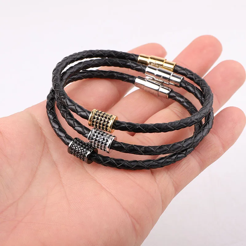 High Quality 316L Stainless Steel Clasp CZ Pave Tube Genuine Leather Bracelet Men Jewelry Gift - Image 5