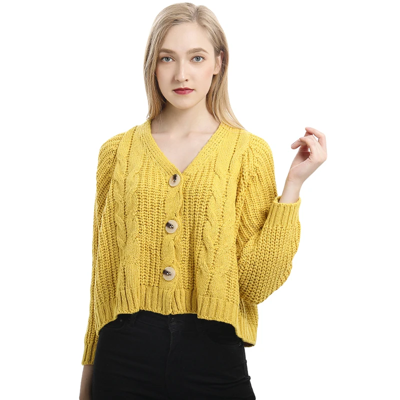 Женский винтажный свитер зимний v-образный вырез однотонные короткие свитера Мода женские однобортные трикотажные изделия женские - Цвет: Yellow
