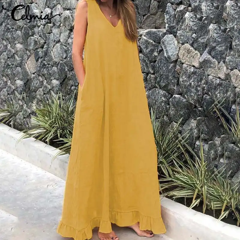 Длинное льняное платье-макси Celmia 5XL модное женское летнее пляжное платье