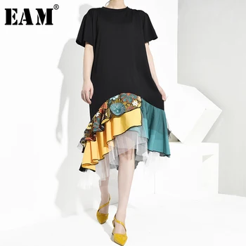 

[EAM] Women Black Hem Mesh Pattern Print Dress New Round Neck Short Sleeve Loose Fit Fashion Tide Spring Autumn 2020 JW7870