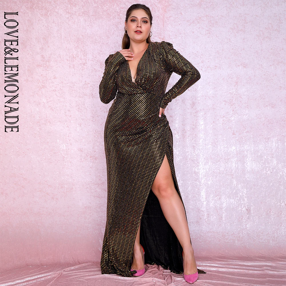 

LOVE&LEMONADE Plus Size Gold Deep V-Neck Cut Out Puff Sleeves Glitter Elastic Material Maxi Dress LM81715PLUS Autumn/Winter