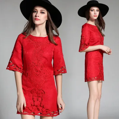 

Red Dress Summer Wear for Women New Style Short Large Size Maternity Dress Crew Neck Hollow out Embroidery Marriage Banquet Litt
