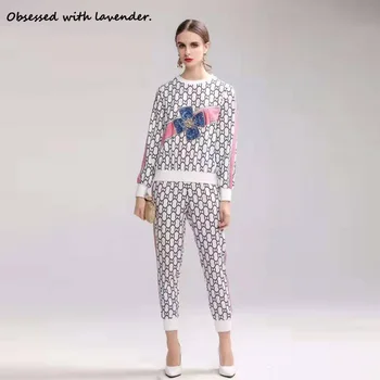 

Obsessed with lavender.New ladies leisure suit, white long sleeve pants suit printed flower pattern, female