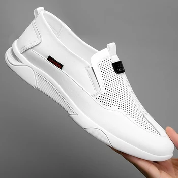 

ZSAUAN Cow Leather Spring Summer Men Casual Loafers Men Slip on Comfortable Soft Young Men Trend Sneakers Hollow Ventilate Flats