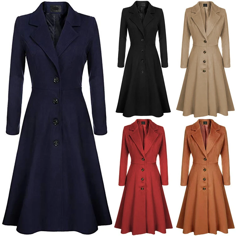 Женское элегантное тонкое пальто ветровка с лацканами с длинным рукавом шерстяное пальто с пуговицами однотонное классическое Ретро свободное теплое осеннее длинное пальто