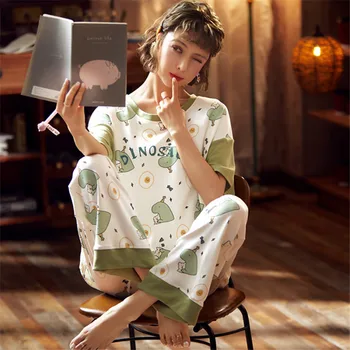 

Cute T-shirt O-neck female student comfortable pajamas spring and summer 2 piece suit casual clothes women's trousers pajamas