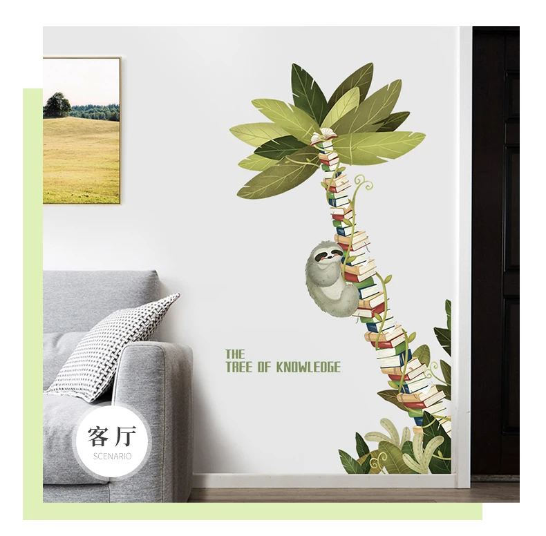Creative Sloth And Books Tree Wall Stickers Library Decal Children's Room Decor Study Classroom Decoration Nursery Vinyl Posters