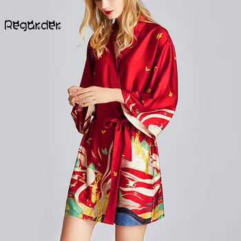 

Fashion Women Printed Bathrobes 3/4 Sleeve Kimono Simulation Silk Satin Bridesmaid Home Robes Sleepwear Nightwear Plus Size#g3