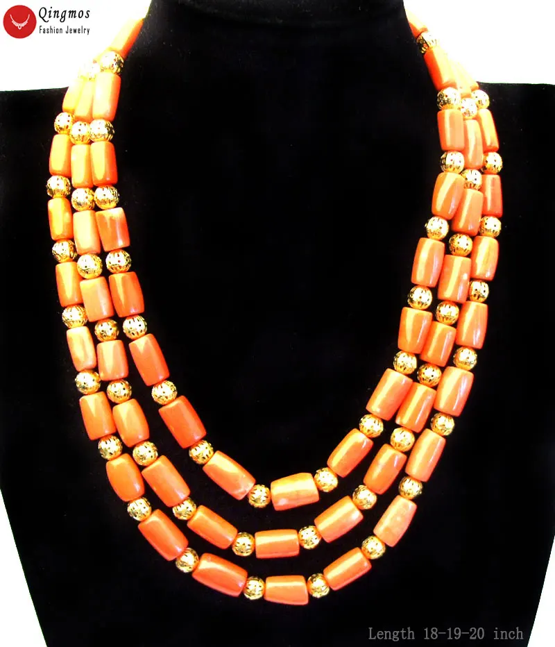 

Qingmos 10-11MM Thick Slice Natural Orange Coral Necklace for Women with 8mm Round Ball GP Beads 18-20" 3 Strands Chokers n5770