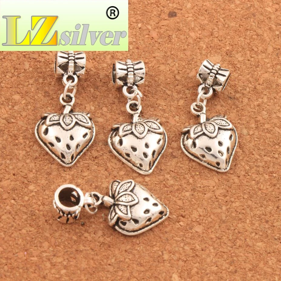 Strawberry With Leaf Big Hole Beads 14.7x30.5mm 100PCS zinc alloy Dangle Fit European Bracelets Jewelry DIY B930