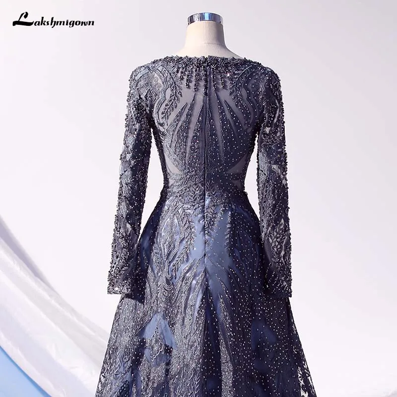 Lakshmigown Дубай Роскошные вечерние платья с длинными рукавами темно-синие вечерние платья с круглым вырезом и кристаллами Robe de Soiree