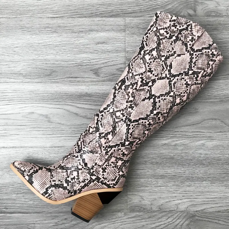 pink Snake Женские сапоги до колена из искусственной кожи со змеиным принтом; цвет желтый, розовый, красный; ковбойские сапоги с острым носком в западном стиле; женские высокие сапоги на массивной танкетке - Цвет: pink Snake