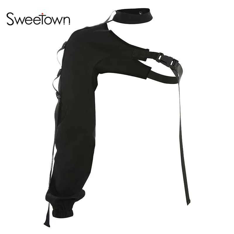 Sweetown панк готический светоотражающий кроп Топ Футболка с пряжкой сексуальный чокер воротник на одно плечо женские летние топы уличная - Цвет: black