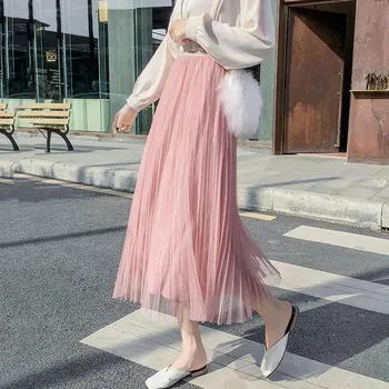 

2020 Shiny Tulle Skirt Korean Summer High Waist Sexy Maxi Skirt Pleated Mesh Long A-line Korean Skirt Ladies Female Pink Black
