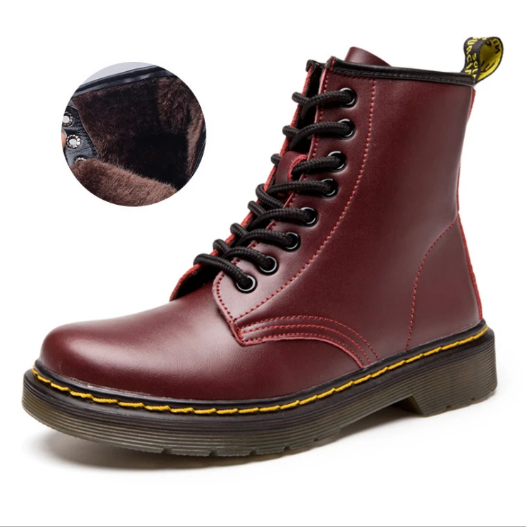 Wine red fur Женские ботильоны; женские и мужские ботинки; сезон зима-весна; обувь на шнуровке из натуральной коровьей кожи; повседневная обувь для верховой езды на меху в стиле панк - Цвет: Wine red fur