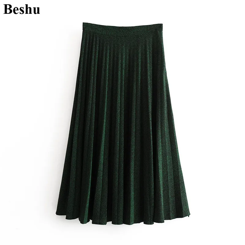 

za 2019 fashion midi skirt women green bright silk metal color knitted bronzing pleated skirt elastic high waist elegant mujer