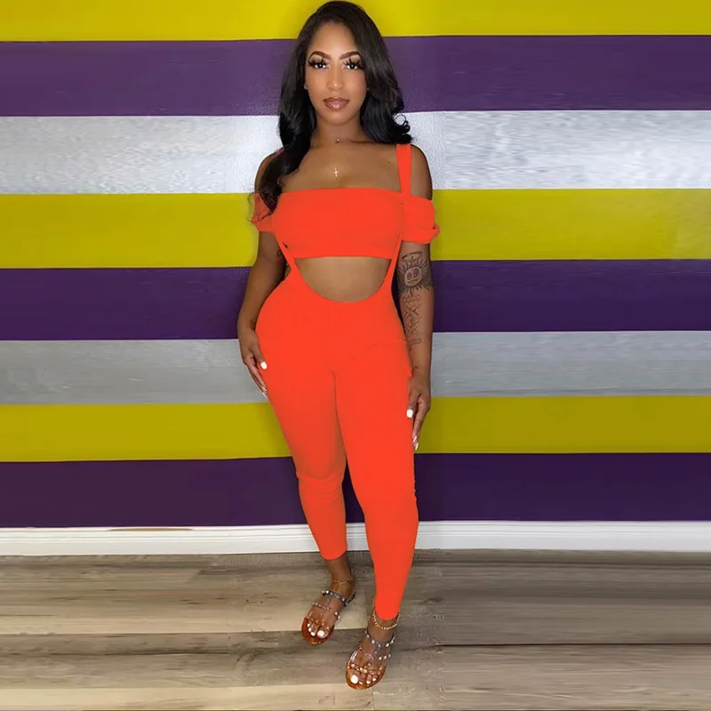 

Solid Fashion Women Slash Neck Overalls Bib Pants Two Piece Sets Cropped Tops Gym Sports Tracksuit Workout Joggers Suits Outfits