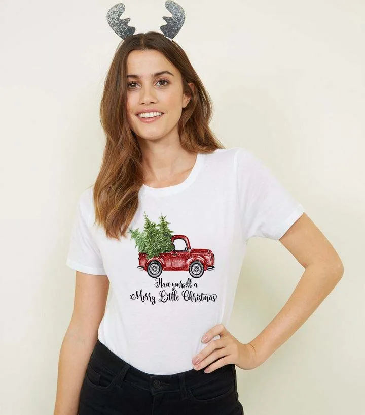 

Merry Christmas Tree Truck Graphic T Shirts Christmas Women T-shirts Fall Tee Top Vintage Harajuku Tumblr Shirts Streetwear