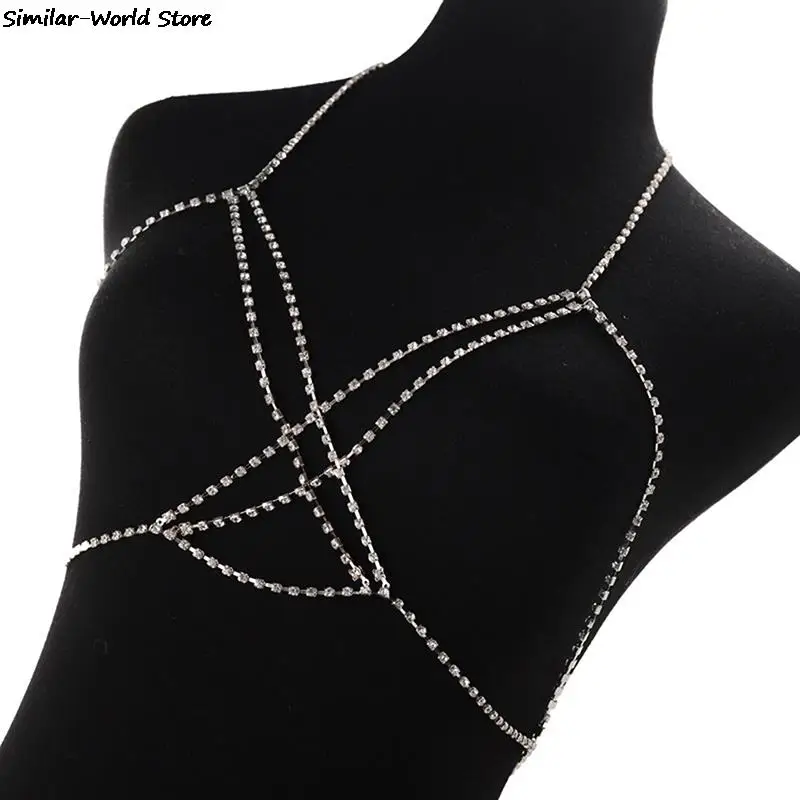 Damen Glitter Body Chain BH Schmuck Silber Bikini Beach Crossover Halskette . 