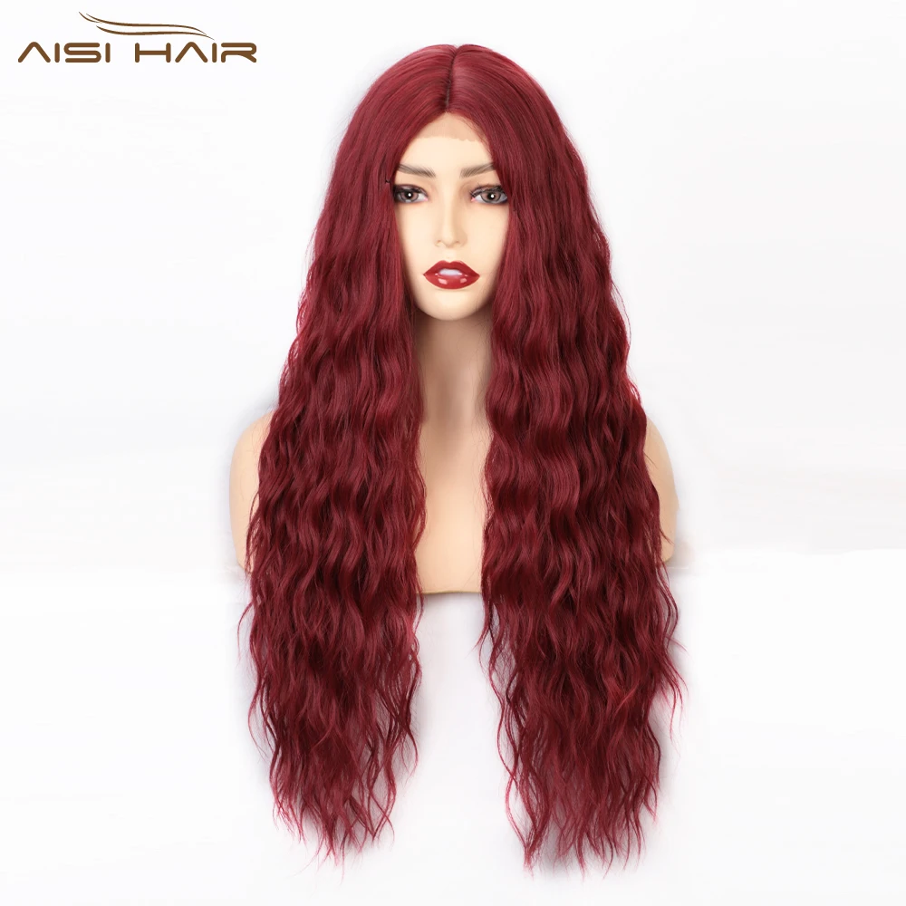 

AISI HAIR High Quality New Design 26 Inch Synthetic Wig Midde Part Wavy Wigs For Black Women Red Long Cosplay Hair Wigs