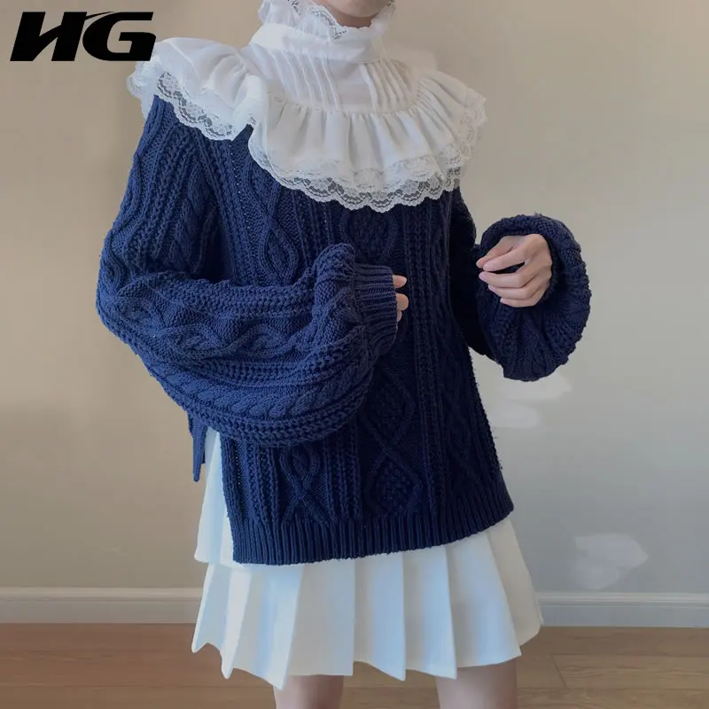

HG Vintage Two Piece Set Sweater Court Style Lace Stitching Stand Collar Pullover Women Loose Lazy Oaf Irregular Knitwear XJ3439