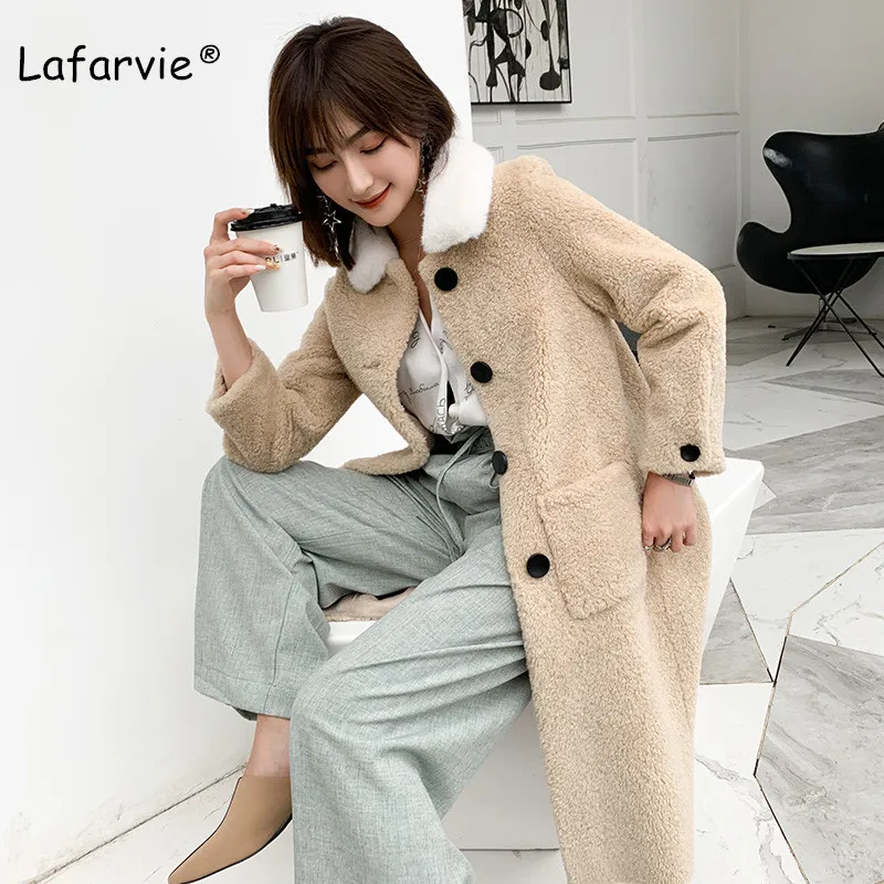 Lafarvie/Зимняя Новая высококачественная модная куртка на меху с воротником средней длины, женская Свободная куртка, толстая теплая шерстяная шуба