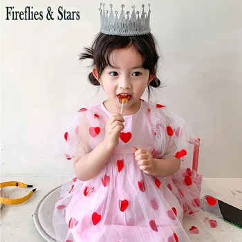 

Summer girls tutu dress baby pink dress kids vestidos children fashion clothes embroidery heart flying sleeve mesh 1 to 7 yrs